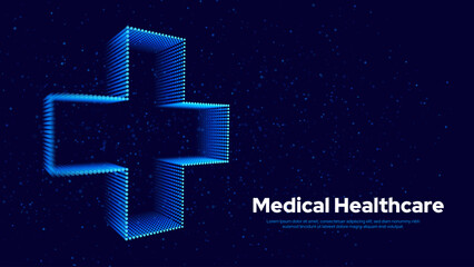 Aufkleber - 3D Blue Digital Wireframe Grid Plus Sign Background. Lines and Dots Aid and Health Care for Hospital Emergency Banner. Medical Symbol of Emergency Help. 3D Math Plus Vector Illustration.