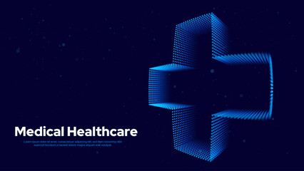 Aufkleber - 3D Blue Digital Wireframe Grid Plus Sign Background. Lines and Dots Aid and Health Care for Hospital Emergency Banner. Medical Symbol of Emergency Help. 3D Math Plus Vector Illustration.