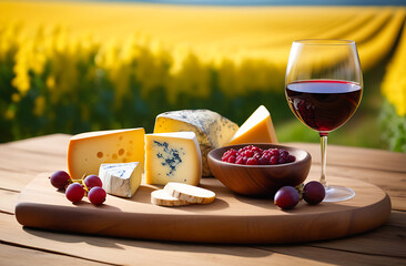 various types of organic cheese and wine on a wooden table against the background of nature