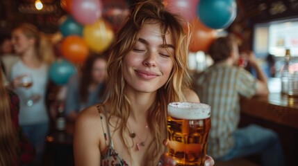 Wall Mural - A woman holding a beer in front of balloons and people, AI