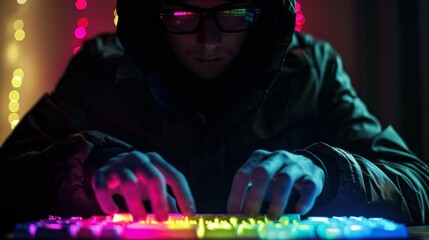 Wall Mural - A man in a hoodie typing on colorful keyboard with lights, AI