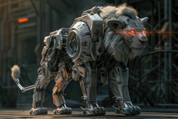 Wall Mural - A robot lion with red eyes and a silver body