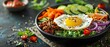 © Creative_Bringer - Korean bibimbap with fried egg, colorful vegetables, black bowl, bright lighting, closeup