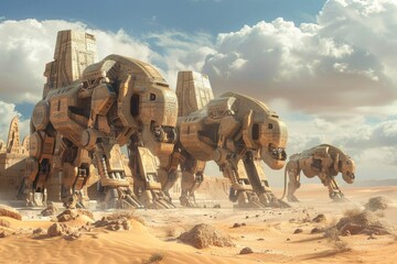 Three robots are standing in a desert, with one of them being a large, gray