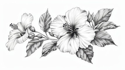 Poster - vintage botanical illustration of hibiscus flower isolated on white detailed line art