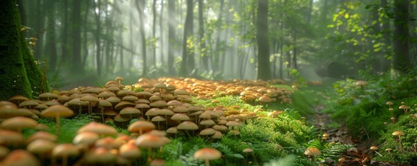 Wall Mural - Enchanting forest grove with a hidden fairy ring of mushrooms, 4K hyperrealistic photo