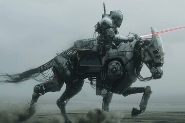 A robot is riding a horse with a sword in its hand