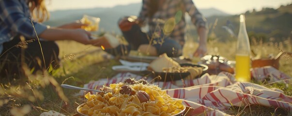 Wall Mural - Friends enjoying a picnic for National Pasta Day, October 17th, homemade pasta dishes and good company, 4K hyperrealistic photo.