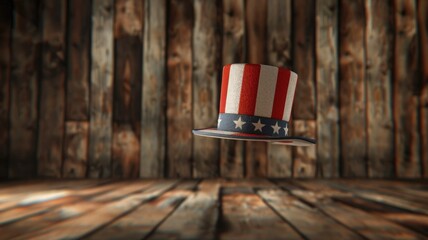 Wall Mural - Independence-themed hat with stars and stripes floating against wooden backdrop