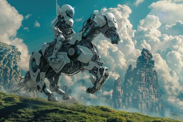 Wall Mural - A robot is riding a horse in a field