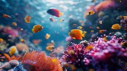Explore the mesmerizing underwater tableau, alive with the vibrant presence of colorful tropical fish, gracefully mingling in the vicinity of the intricate coral reef