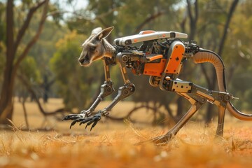 Wall Mural - A robot is running through a field with a kangaroo on its back