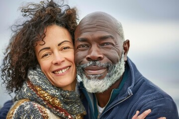 Portrait of a blissful mixed race couple in their 40s dressed in a comfy fleece pullover in serene seaside background