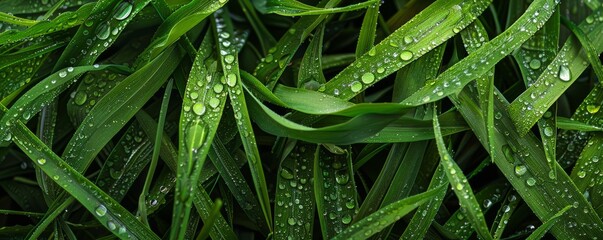 Fresh green grass texture with dew drops, 4K hyperrealistic photo