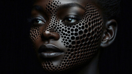A woman's face with geometric patterns and holes creating a futuristic and abstract image, this image is suitable for topics about future fashion or phobias