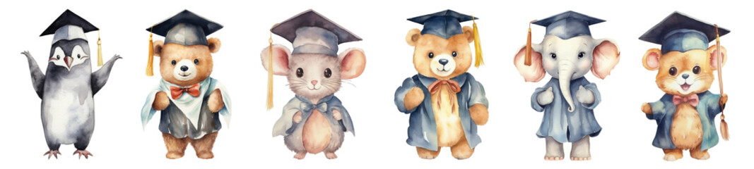 Wall Mural - Cute cartoon animal graduation watercolor png element set on transparent background