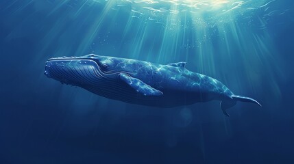 Majestic Blue Whale Swimming in Sunlit Ocean Depths. A breathtaking depiction of a giant blue whale gliding gracefully through deep blue ocean waters, illuminated by rays of sunlight from above.