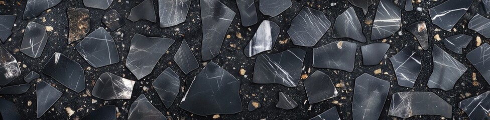 A black and white photo of a stone floor with many small pieces of stone