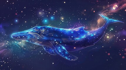 Canvas Print - whimsical cosmic whale swimming through starry universe concept illustration