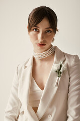 Wall Mural - A beautiful bride wearing a white blazer with a pearl choker and a small white flower pinned to the lapel.