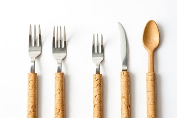 Wall Mural - Fork, Knife, and Spoon with Cork Handles on White Background