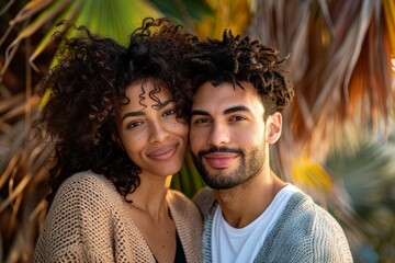 Wall Mural - Portrait of a tender multiethnic couple in their 30s wearing a chic cardigan on tropical island background