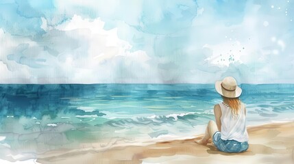Wall Mural - woman enjoying solitude on serene beach relaxing coastal getaway watercolor illustration
