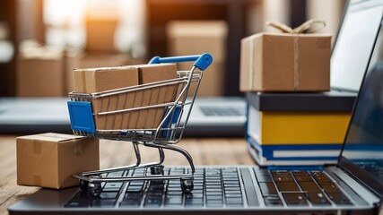 A laptop computer is on a table with a shopping cart and boxes