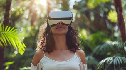 woman using virtual reality headset in outdoor park exploring immersive digital world technology concept