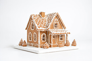 Canvas Print - Gingerbread House with White Icing and Trees