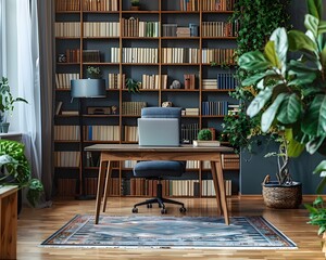 Poster - stylish and organized home office with bookshelf and laptop