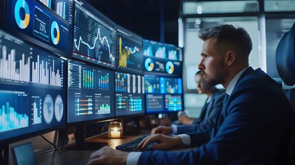Poster - business team video conference with data visualization on screens