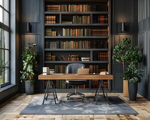 Poster - Stylish and Functional Home Office with Bookshelf and Modern Furnishings