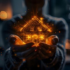 Poster - Hands Holding a Glowing House Model Representing Home Insurance Futuristic and Protective Concept
