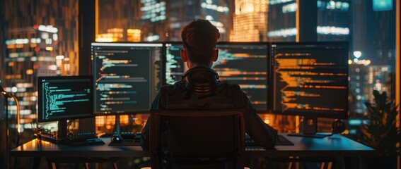A man dressed in a suit is focused on a computer screen, displaying a serious expression as he works or analyzes information
