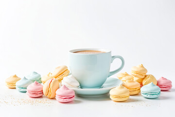 Poster - Pastel Macarons and a Cup of Coffee on White Background