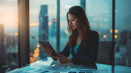 Poster - businesswoman analyzing data on tablet in high rise office