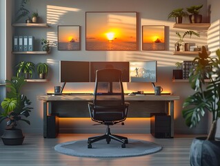 Poster - Motivating Workspace with Scenic Sunset Backdrops for Productive Work Environment