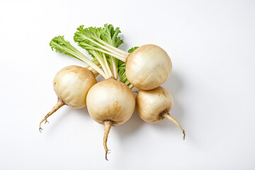 Wall Mural - Fresh Turnips with Green Tops on White Background