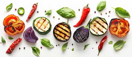 Close Up of grilled vegetables and herbs isolated on white background