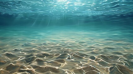 Poster - Deep blue underwater vista illuminated by radiant sunbeams. Transparent water reveals a calm, wavy seabed with soft reflections and subtle bubbles, emphasizing the tranquility, aquatic environment.