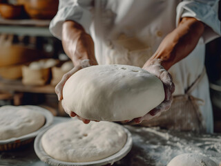 Wall Mural - Baker Holding the Dough by two hands. Close up shot.