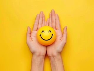 A woman's hands gently holding a happy smiling face emoji against a bright yellow background. Perfect for themes of happiness and well-being.