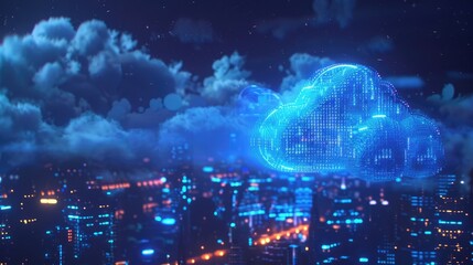 Wall Mural - Cloud computing cityscape, smart city. big data exchange storage, future technology futuristic concept.