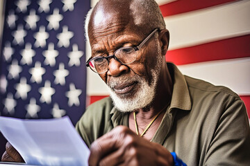 Wall Mural - An elderly African-American man examines a ballot in front of an American flag during the U.S. election