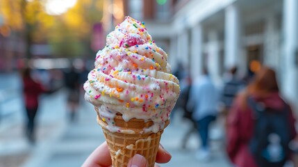 A person holding an ice cream cone with sprinkles on it, AI