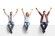 © Ljupco Smokovski - Excited men and a woman with arms up sitting on a blank panel