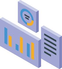 Poster - Isometric illustration representing a marketing expert analyzing a financial report with charts and graphs to develop a successful business strategy