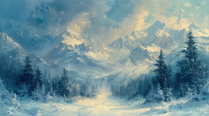 Wall Mural - Snowy Mountain Range View From Forest Clearing