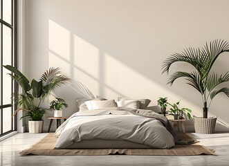 Wall Mural - Stylish bedroom interior with a double bed, side table and potted plants on a white wall background